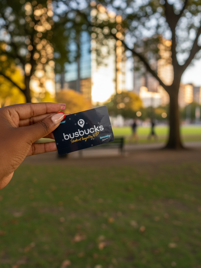 Hand holding a BusBucks loyalty card